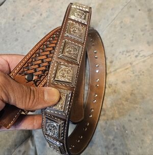 Mens Leather Western Belt W/ Silver Square Conchos